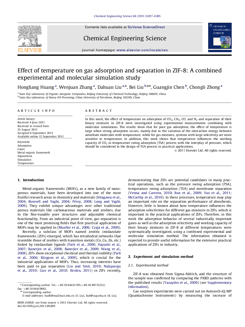 Effect of temperature on gas adsorption and separation in ZIF-8: A combined experimental and molecular simulation study