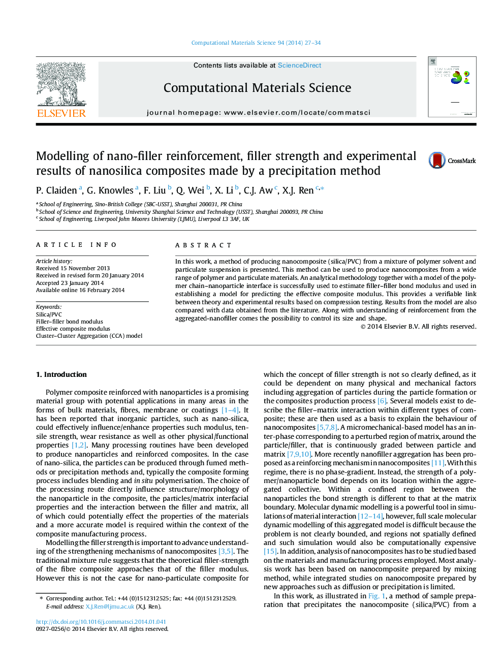 Modelling of nano-filler reinforcement, filler strength and experimental results of nanosilica composites made by a precipitation method
