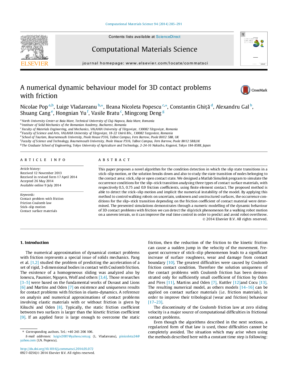 A numerical dynamic behaviour model for 3D contact problems with friction