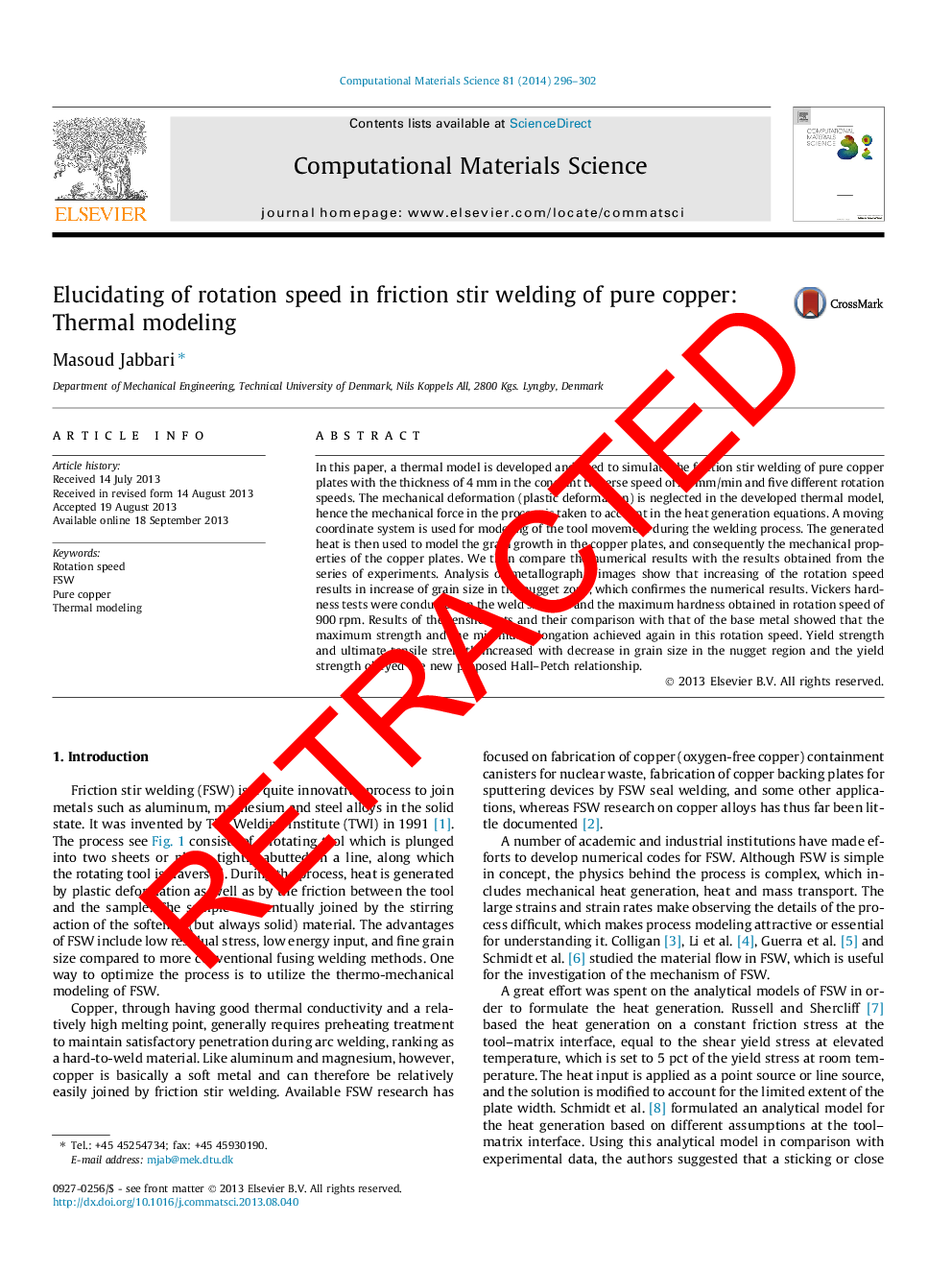 RETRACTED: Elucidating of rotation speed in friction stir welding of pure copper: Thermal modeling