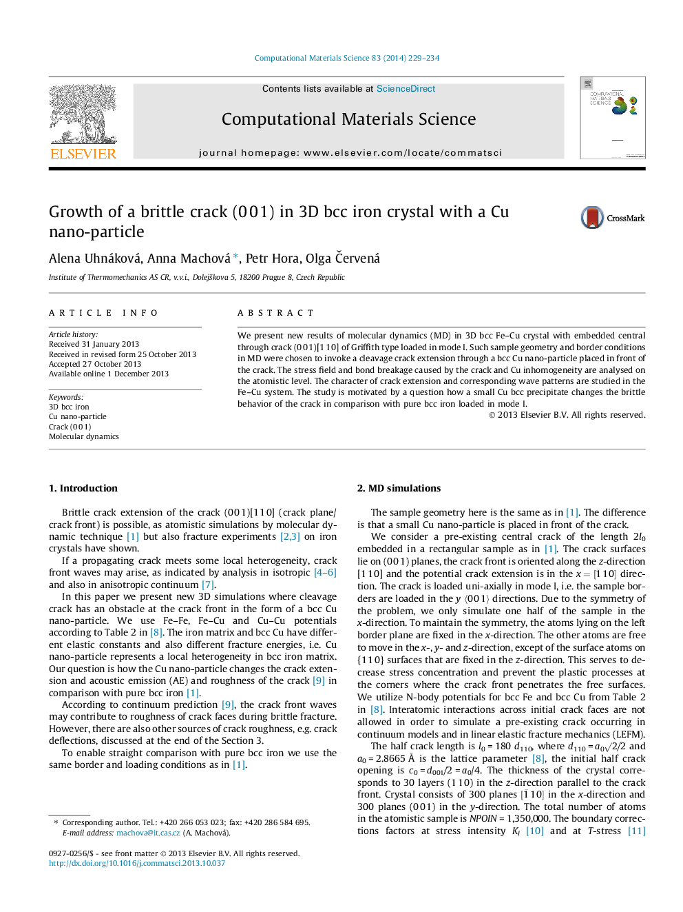 Growth of a brittle crack (0 0 1) in 3D bcc iron crystal with a Cu nano-particle