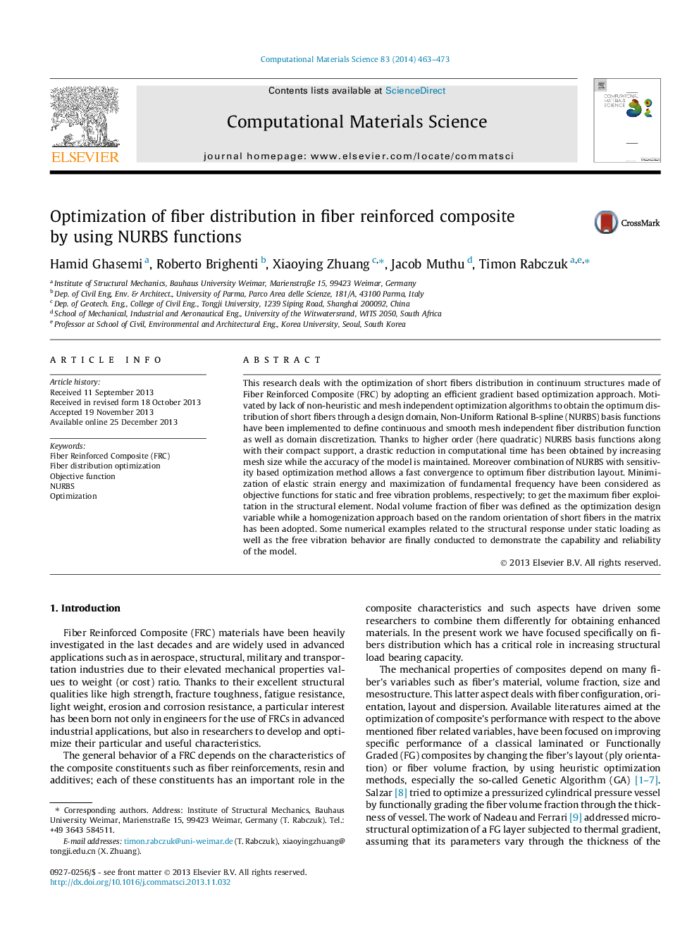 Optimization of fiber distribution in fiber reinforced composite by using NURBS functions