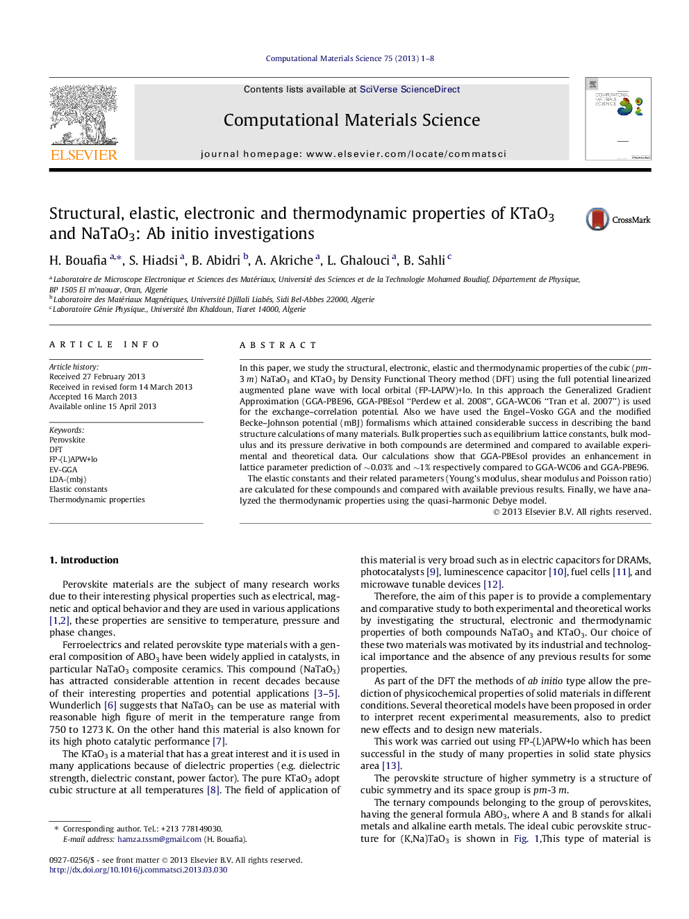 عکس صفحه اول مقاله: Structural, elastic, electronic and thermodynamic properties of KTaO3 and NaTaO3: Ab initio investigations Structural, elastic, electronic and thermodynamic properties of KTaO3 and NaTaO3: Ab initio investigations