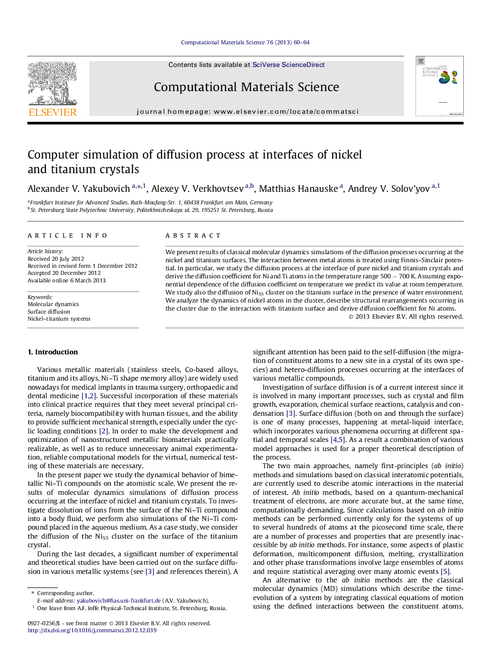 Computer simulation of diffusion process at interfaces of nickel and titanium crystals