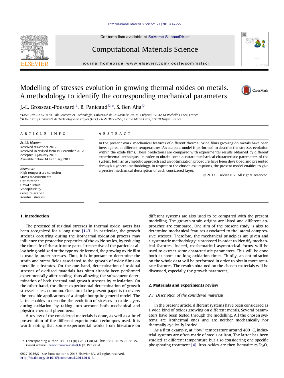 Modelling of stresses evolution in growing thermal oxides on metals. A methodology to identify the corresponding mechanical parameters