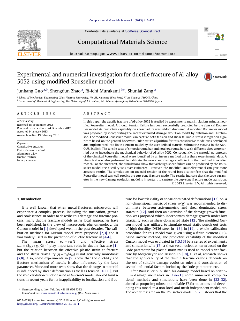 Experimental and numerical investigation for ductile fracture of Al-alloy 5052 using modified Rousselier model