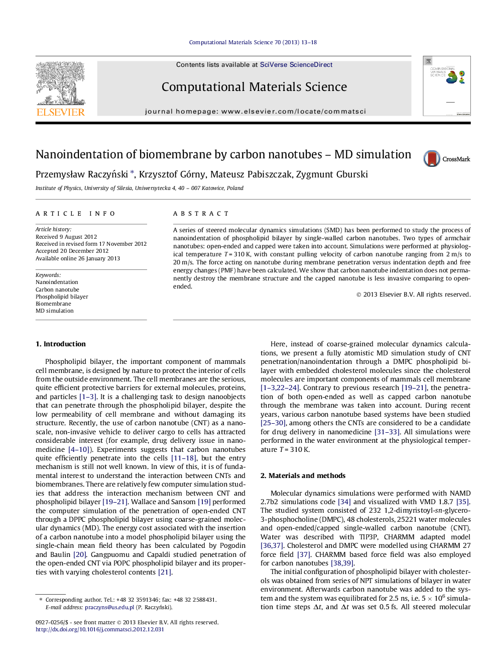 Nanoindentation of biomembrane by carbon nanotubes – MD simulation