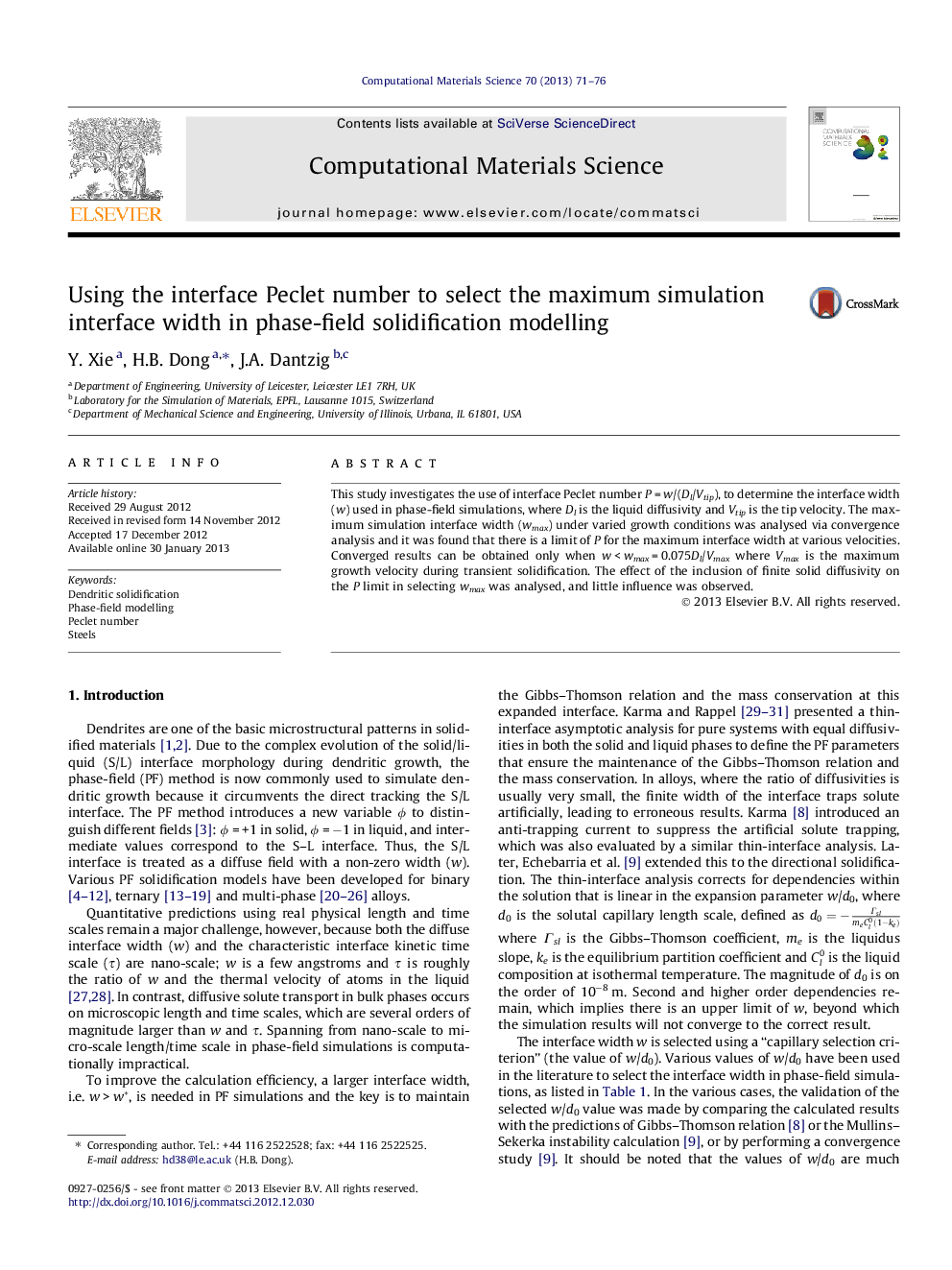 Using the interface Peclet number to select the maximum simulation interface width in phase-field solidification modelling