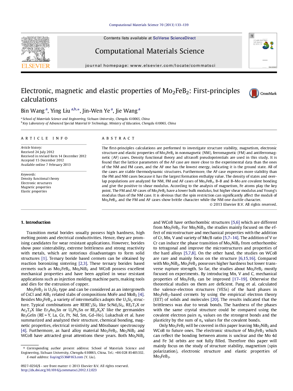 Electronic, magnetic and elastic properties of Mo2FeB2: First-principles calculations