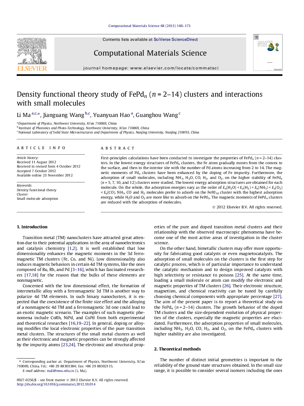 Density functional theory study of FePdn (nÂ =Â 2-14) clusters and interactions with small molecules