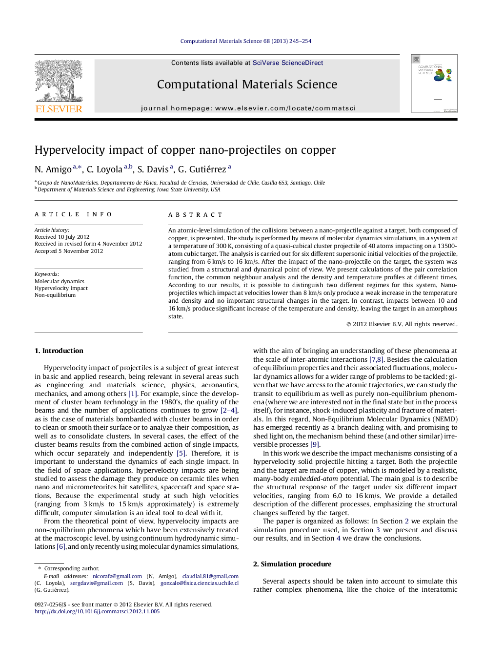 Hypervelocity impact of copper nano-projectiles on copper