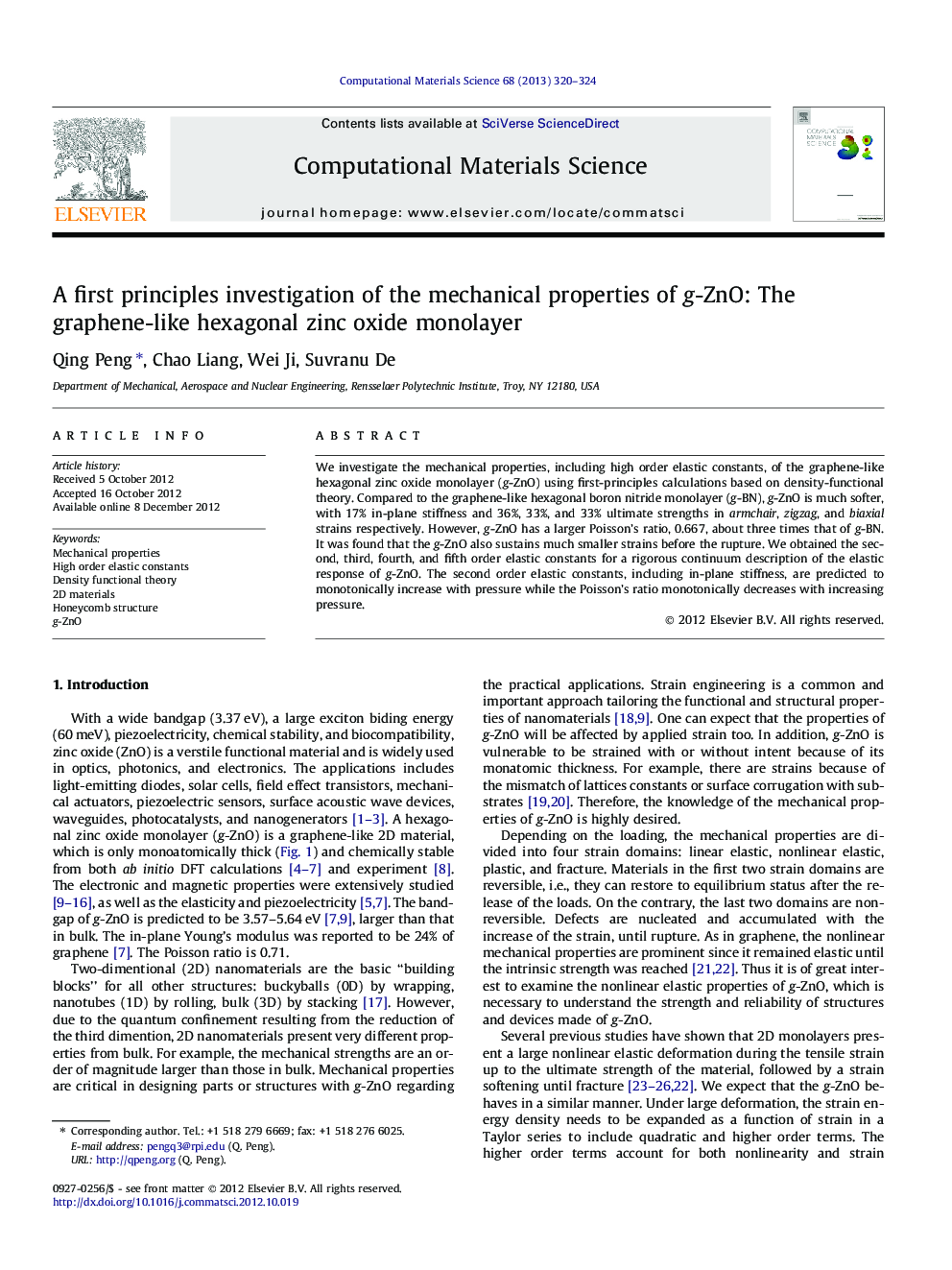 A first principles investigation of the mechanical properties of g-ZnO: The graphene-like hexagonal zinc oxide monolayer