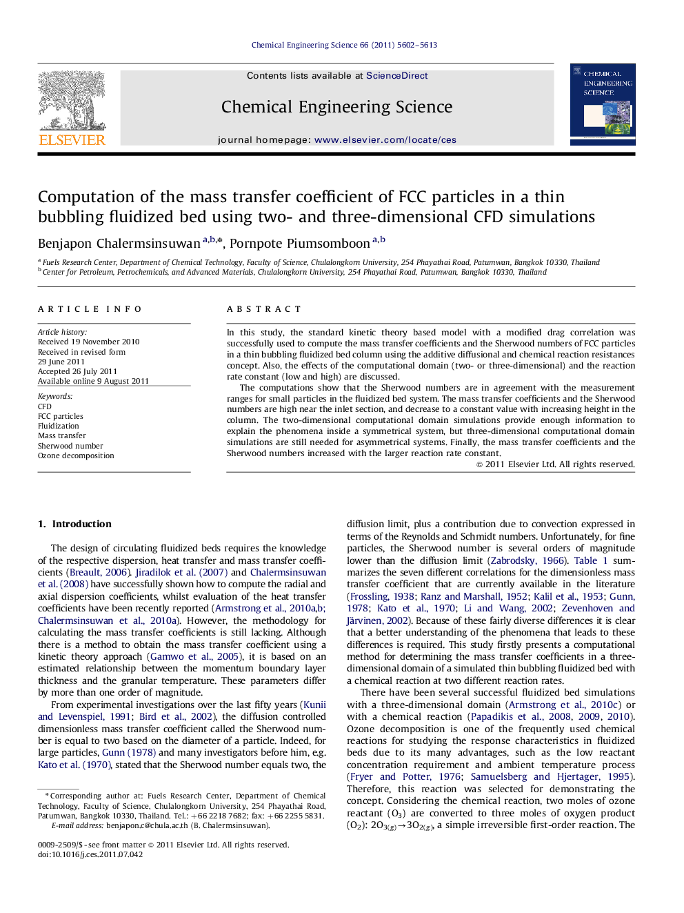 عکس صفحه اول مقاله: Computation of the mass transfer coefficient of FCC particles in a thin bubbling fluidized bed using two- and three-dimensional CFD simulations Computation of the mass transfer coefficient of FCC particles in a thin bubbling fluidized bed using two- and three-dimensional CFD simulations