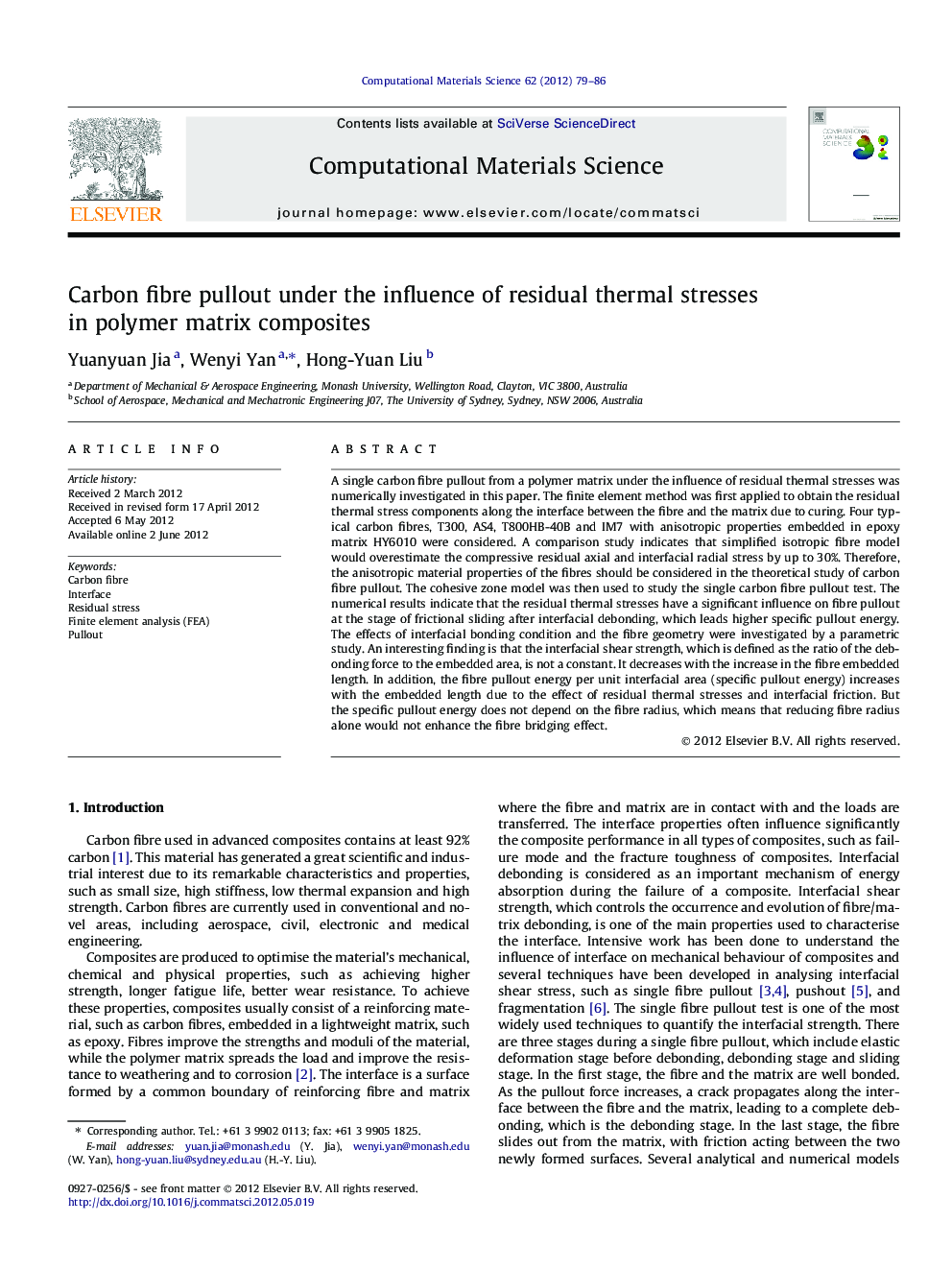 Carbon fibre pullout under the influence of residual thermal stresses in polymer matrix composites