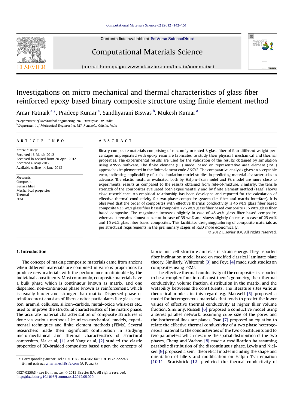 Investigations on micro-mechanical and thermal characteristics of glass fiber reinforced epoxy based binary composite structure using finite element method