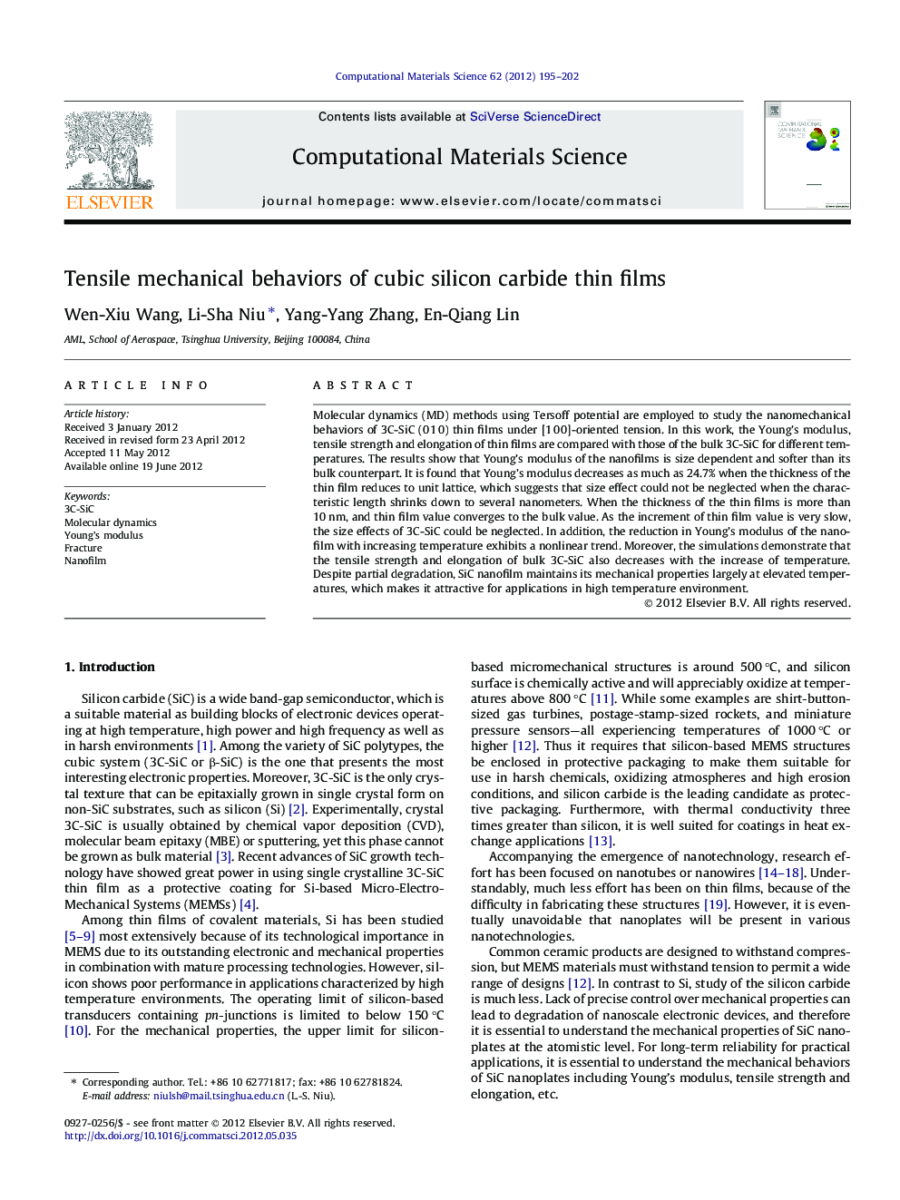 Tensile mechanical behaviors of cubic silicon carbide thin films