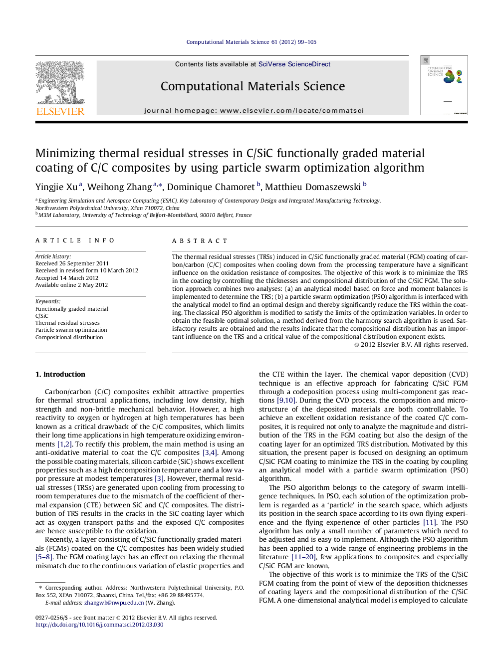 Minimizing thermal residual stresses in C/SiC functionally graded material coating of C/C composites by using particle swarm optimization algorithm