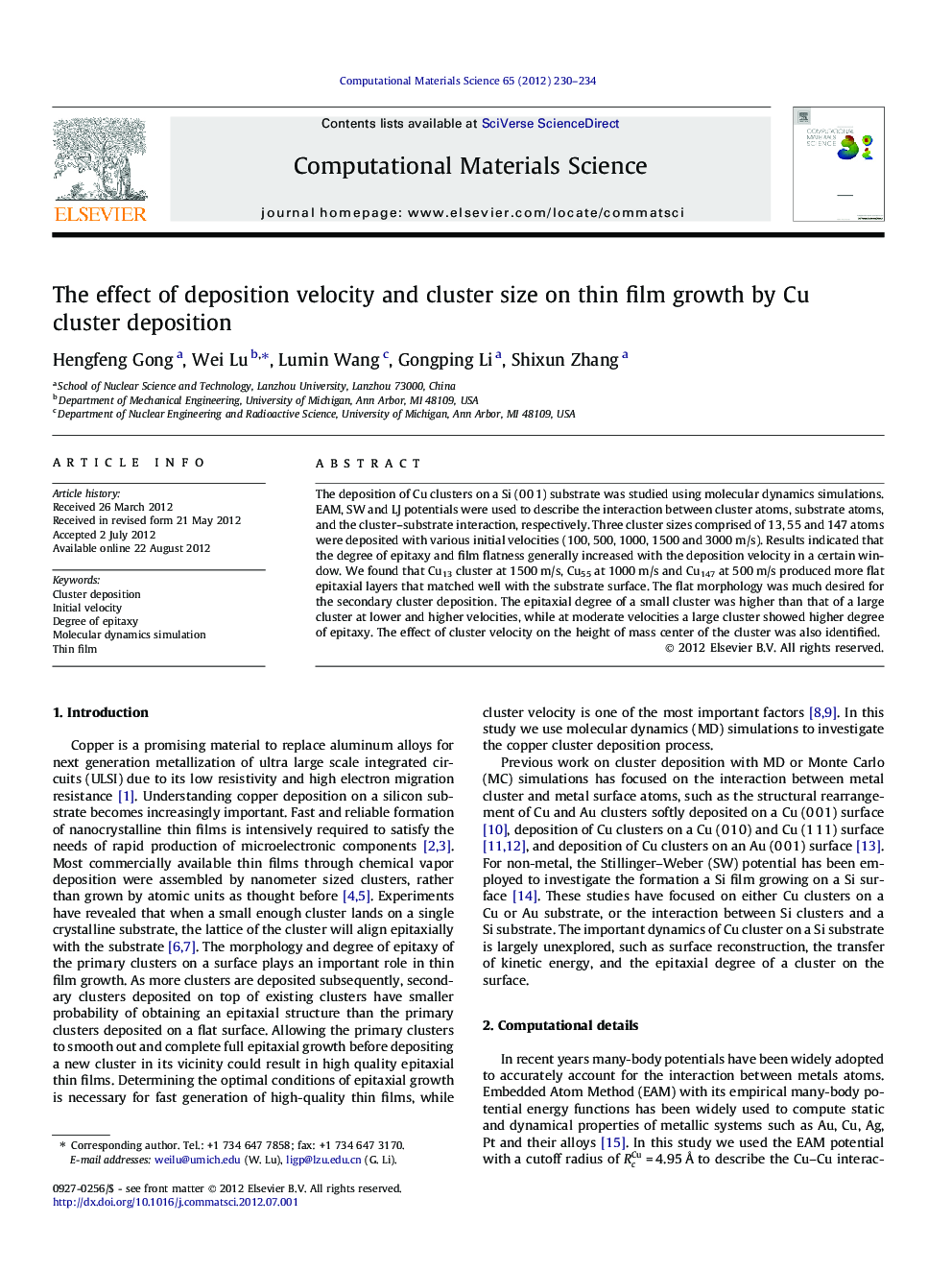 The effect of deposition velocity and cluster size on thin film growth by Cu cluster deposition