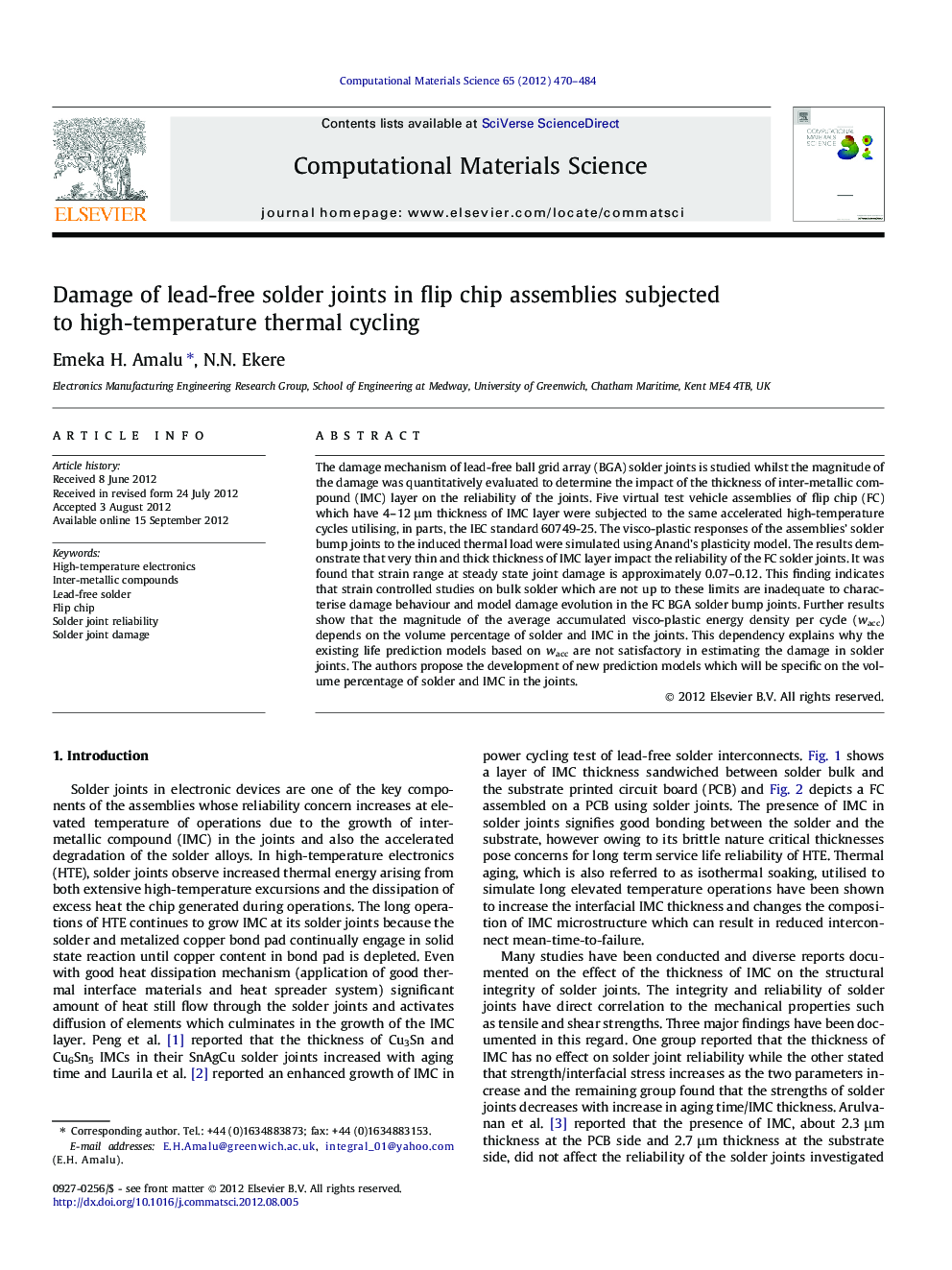 Damage of lead-free solder joints in flip chip assemblies subjected to high-temperature thermal cycling