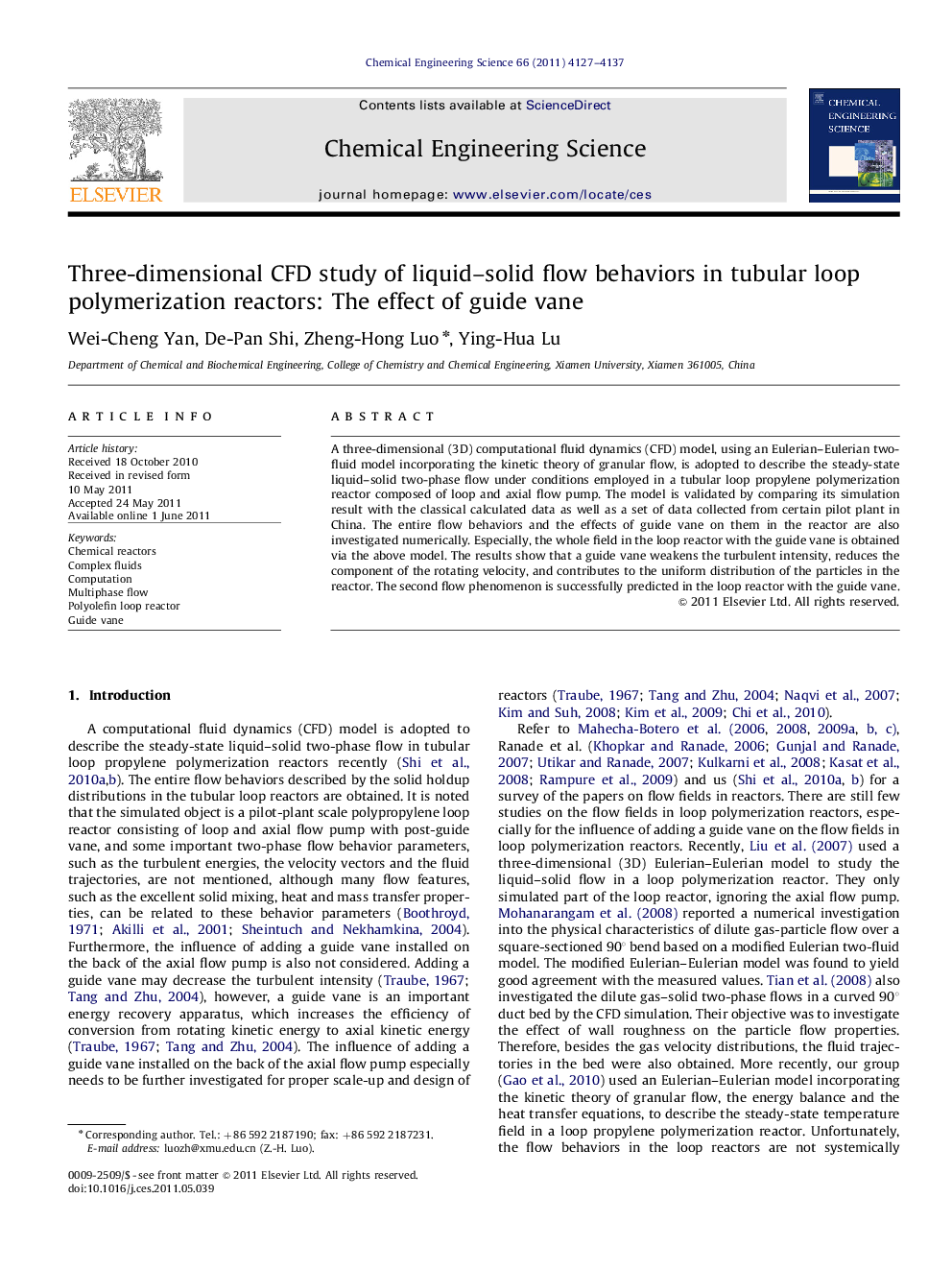 Three-dimensional CFD study of liquid–solid flow behaviors in tubular loop polymerization reactors: The effect of guide vane