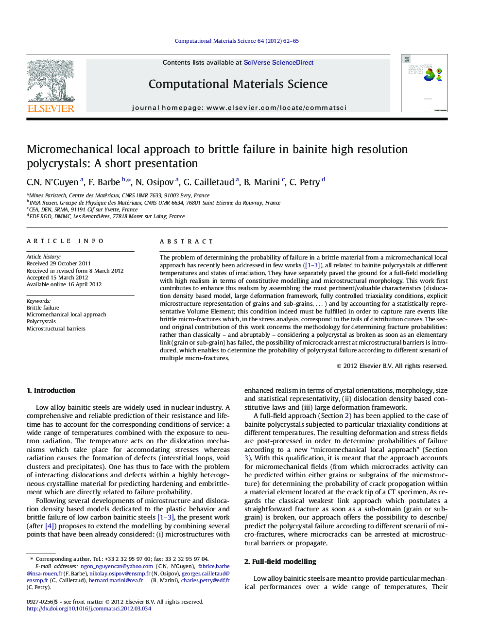 Micromechanical local approach to brittle failure in bainite high resolution polycrystals: A short presentation