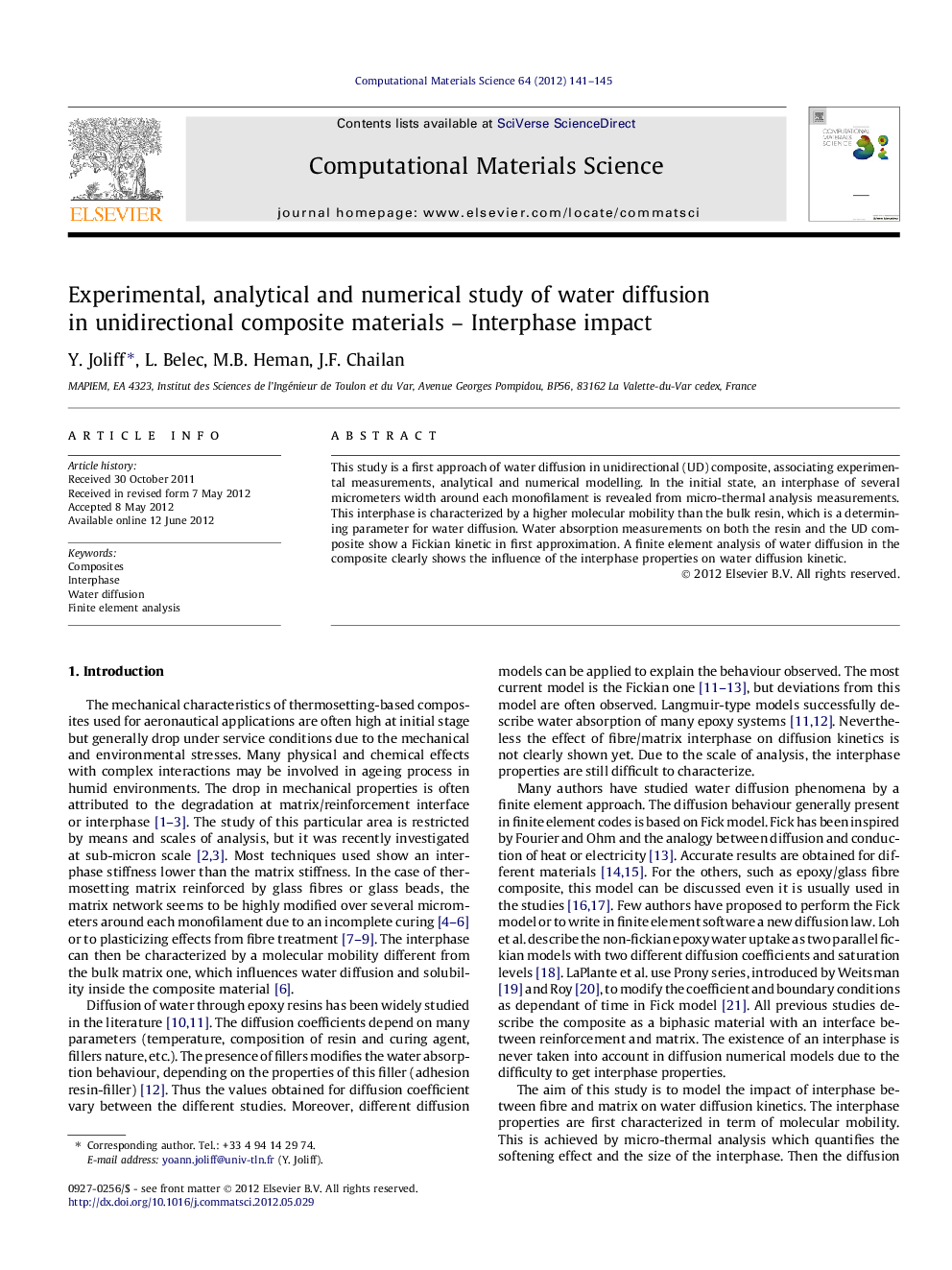 Experimental, analytical and numerical study of water diffusion in unidirectional composite materials – Interphase impact