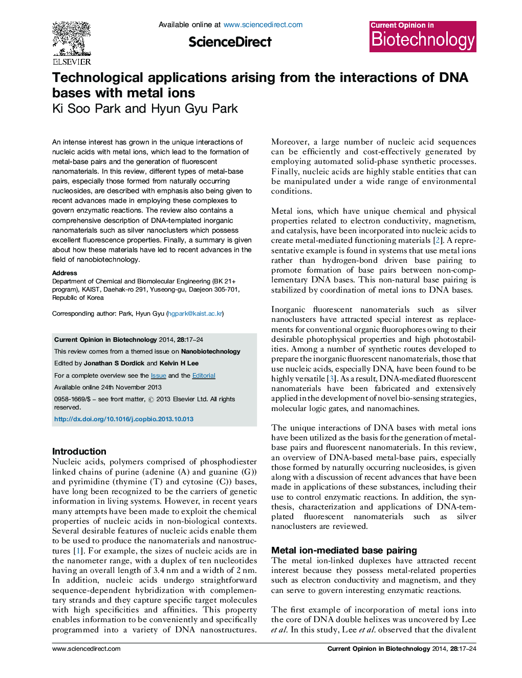 Technological applications arising from the interactions of DNA bases with metal ions