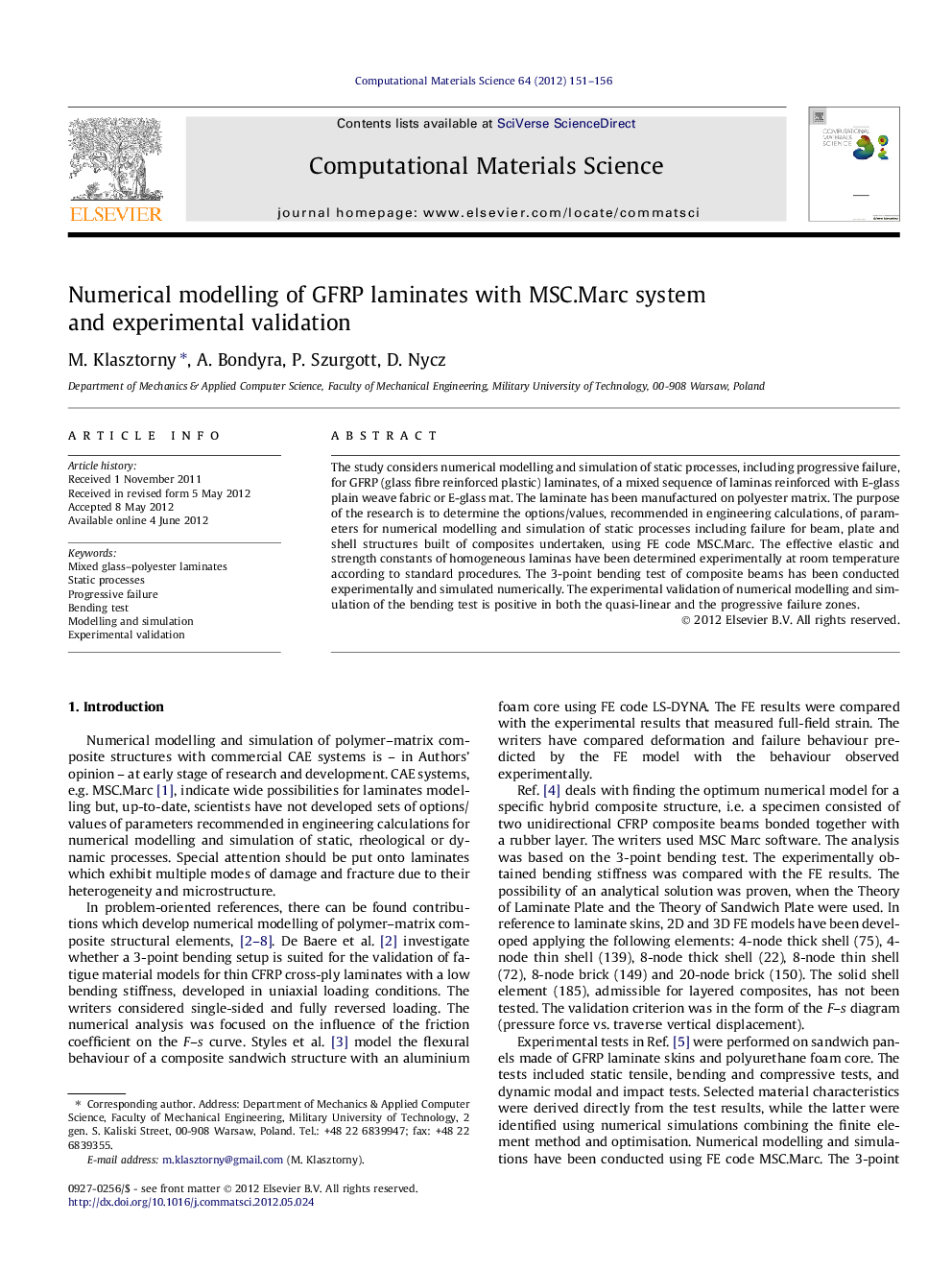 Numerical modelling of GFRP laminates with MSC.Marc system and experimental validation