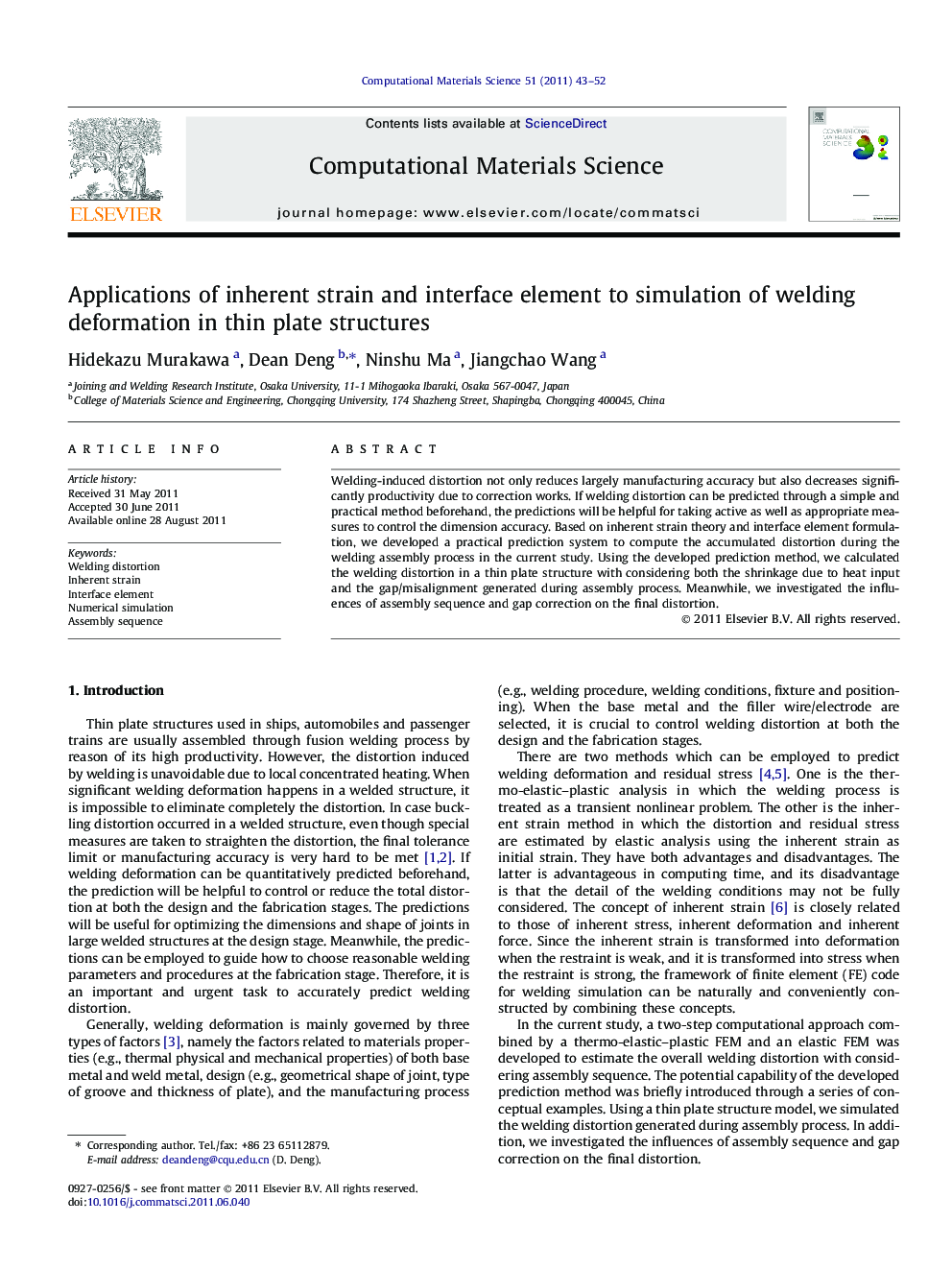 Applications of inherent strain and interface element to simulation of welding deformation in thin plate structures