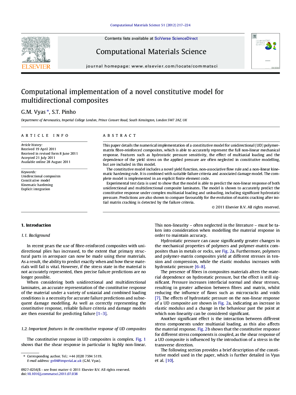 Computational implementation of a novel constitutive model for multidirectional composites
