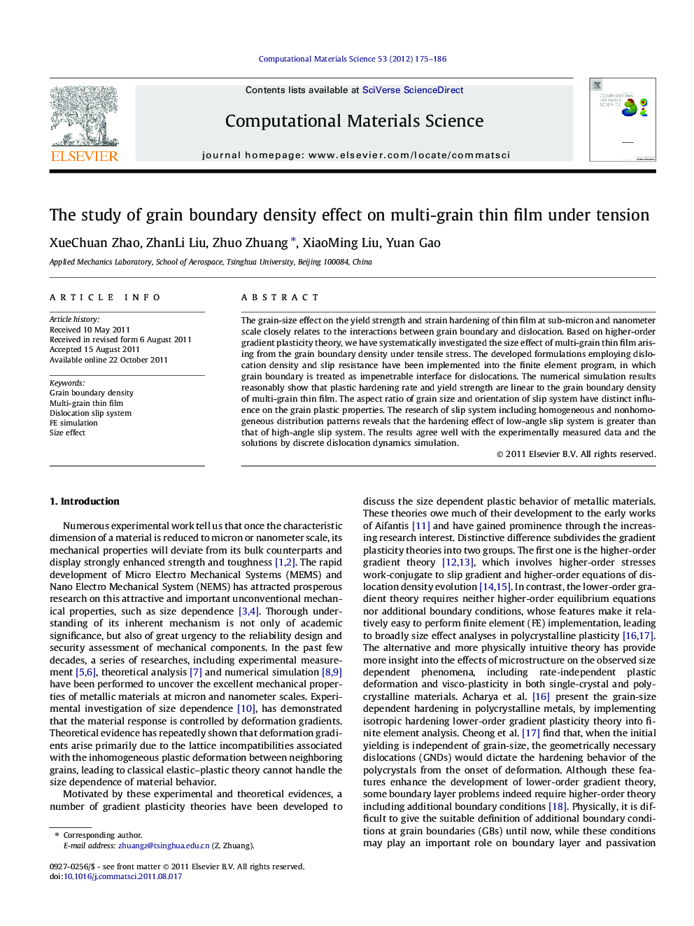 The study of grain boundary density effect on multi-grain thin film under tension