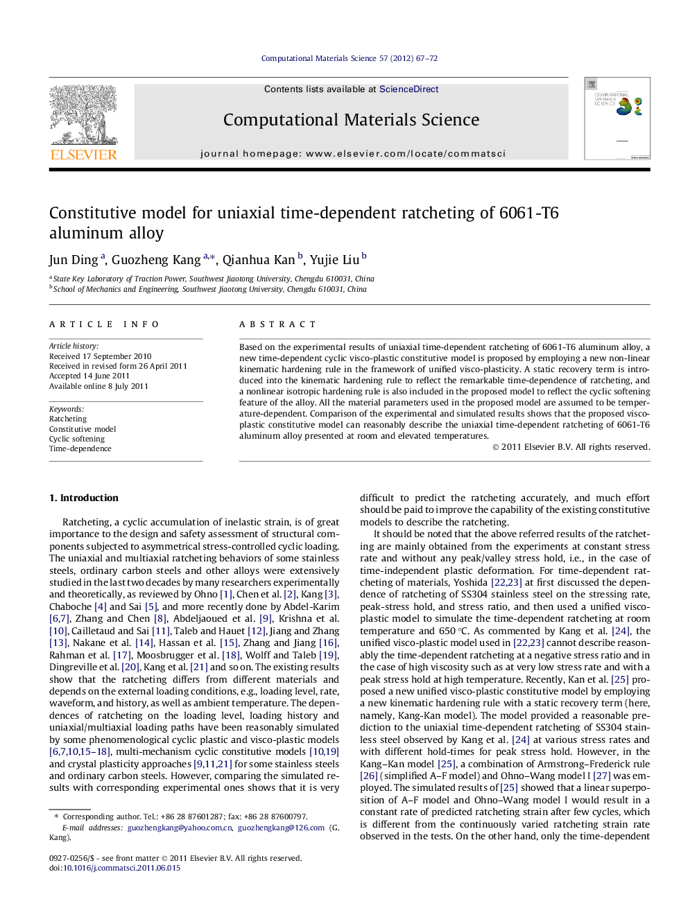 Constitutive model for uniaxial time-dependent ratcheting of 6061-T6 aluminum alloy