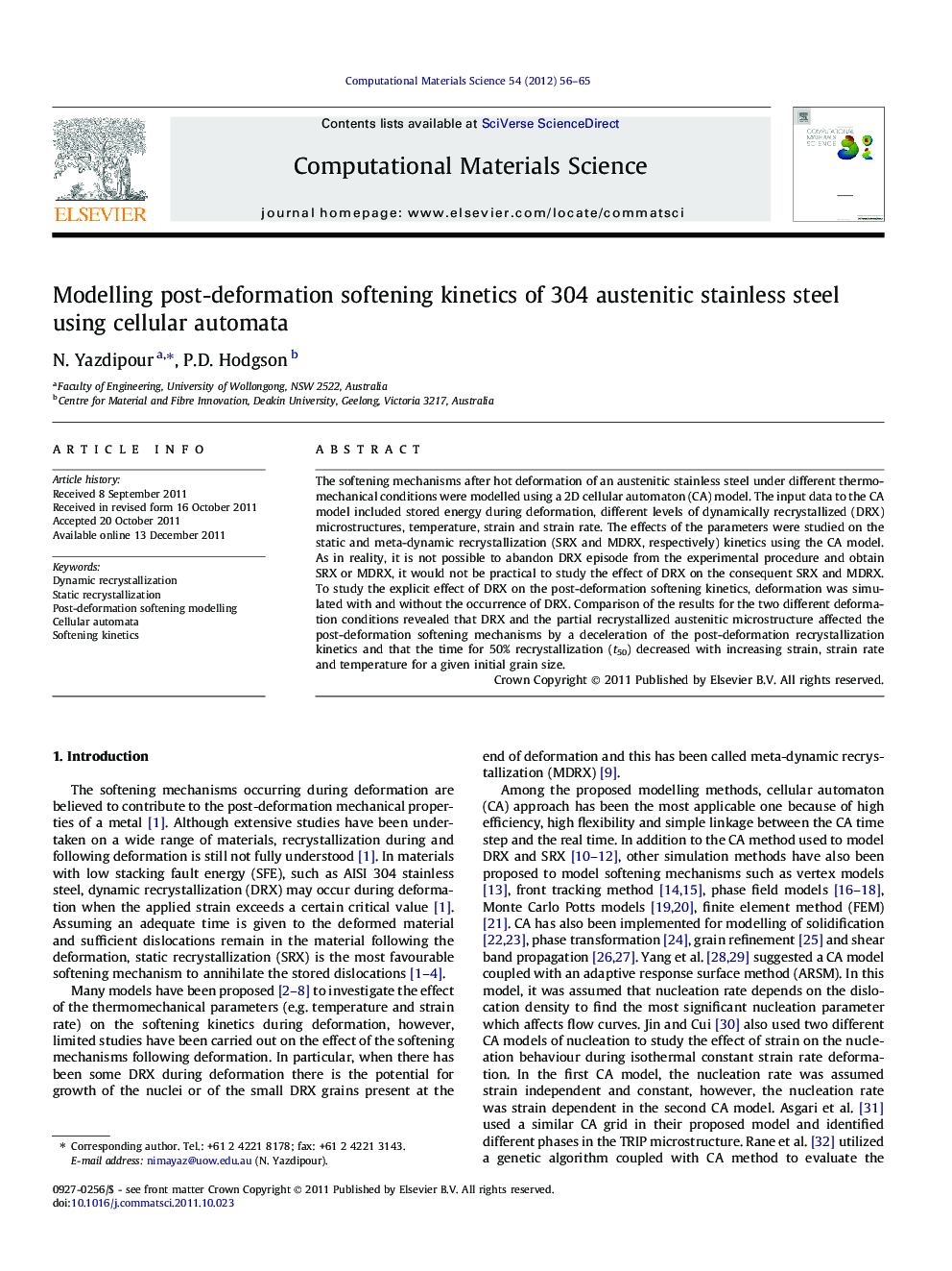 Modelling post-deformation softening kinetics of 304 austenitic stainless steel using cellular automata