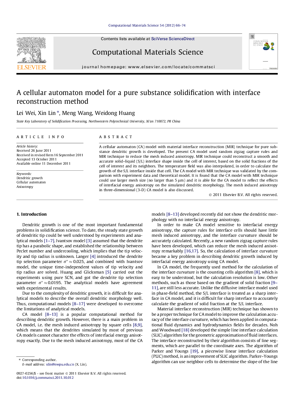 A cellular automaton model for a pure substance solidification with interface reconstruction method