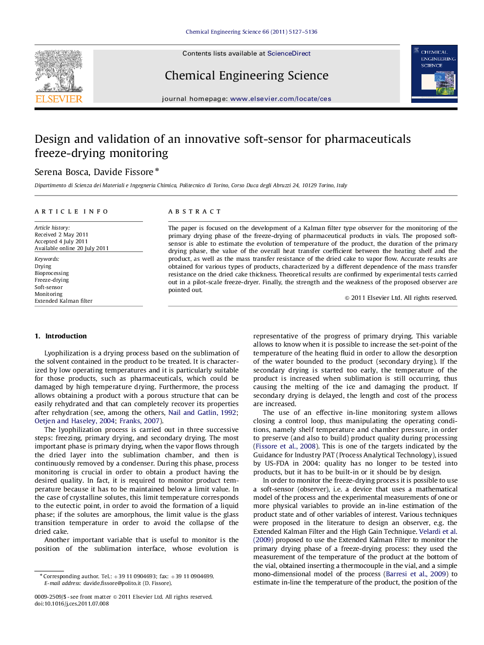 Design and validation of an innovative soft-sensor for pharmaceuticals freeze-drying monitoring