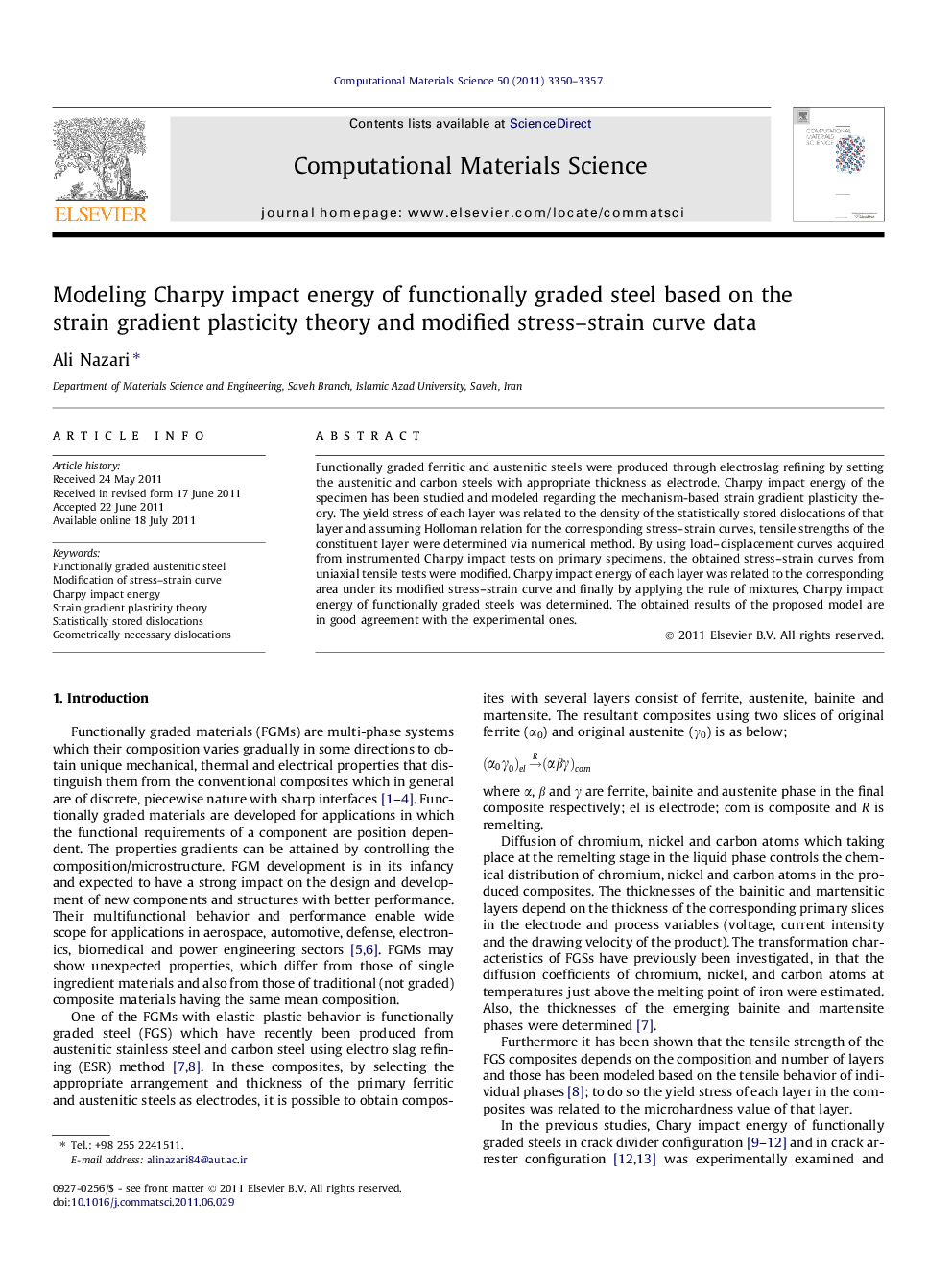 Modeling Charpy impact energy of functionally graded steel based on the strain gradient plasticity theory and modified stress–strain curve data