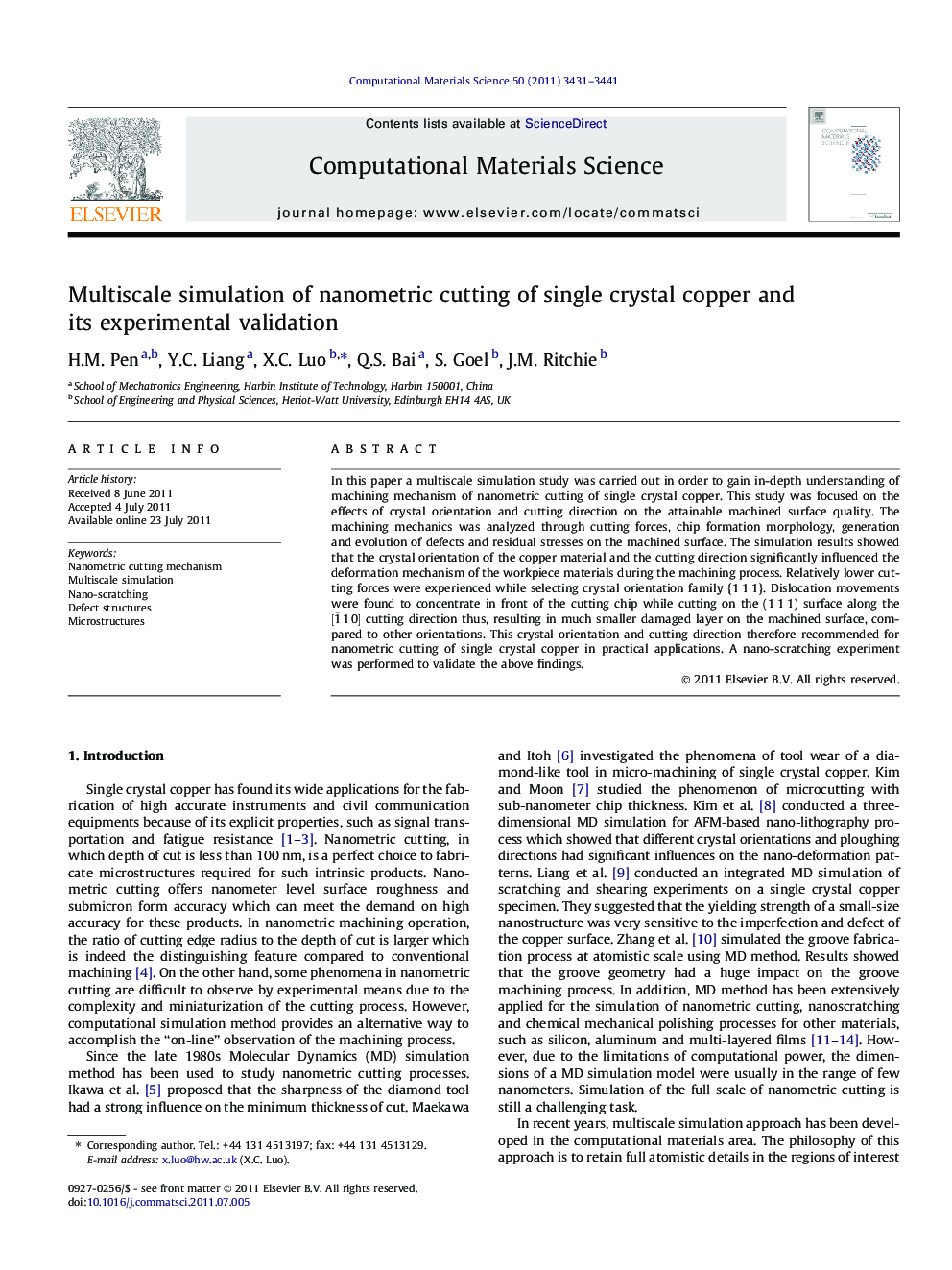 Multiscale simulation of nanometric cutting of single crystal copper and its experimental validation