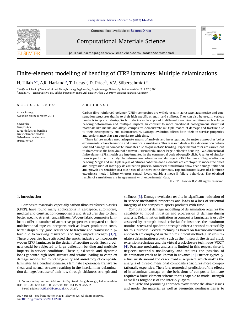 Finite-element modelling of bending of CFRP laminates: Multiple delaminations