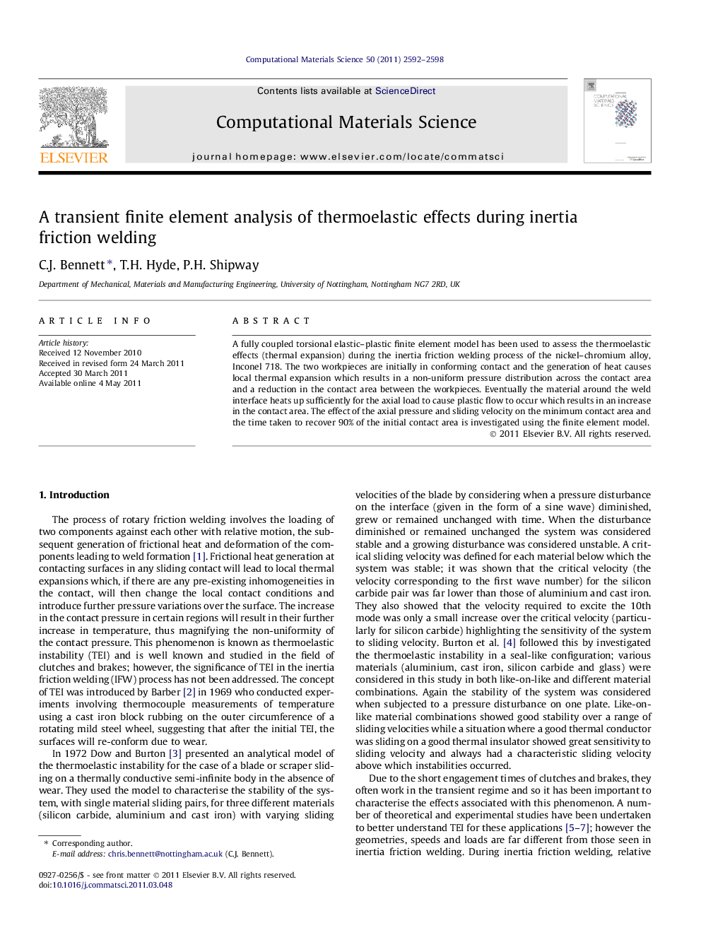 A transient finite element analysis of thermoelastic effects during inertia friction welding