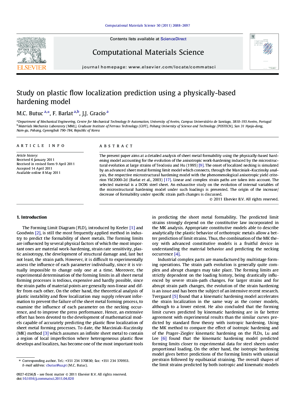 Study on plastic flow localization prediction using a physically-based hardening model