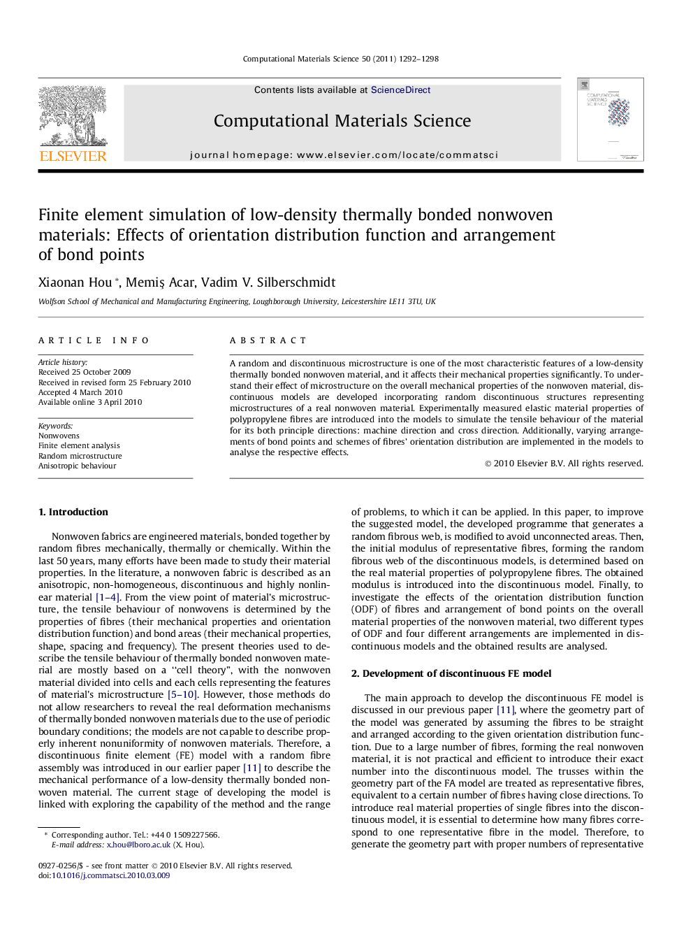 Finite element simulation of low-density thermally bonded nonwoven materials: Effects of orientation distribution function and arrangement of bond points