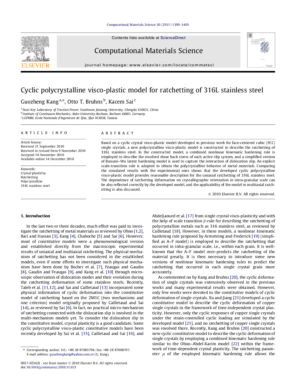 Cyclic polycrystalline visco-plastic model for ratchetting of 316L stainless steel