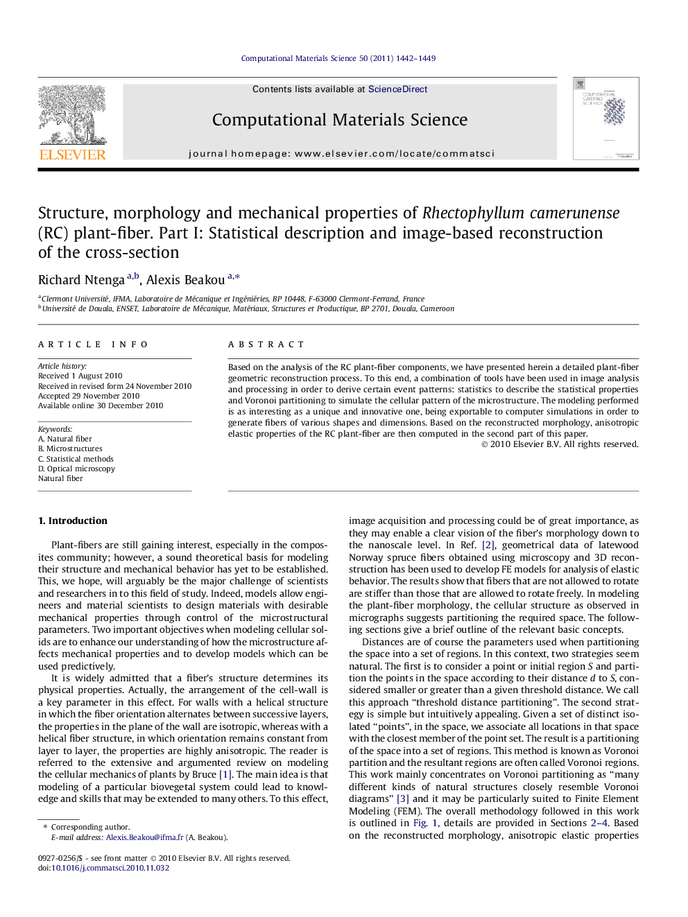 Structure, morphology and mechanical properties of Rhectophyllum camerunense (RC) plant-fiber. Part I: Statistical description and image-based reconstruction of the cross-section