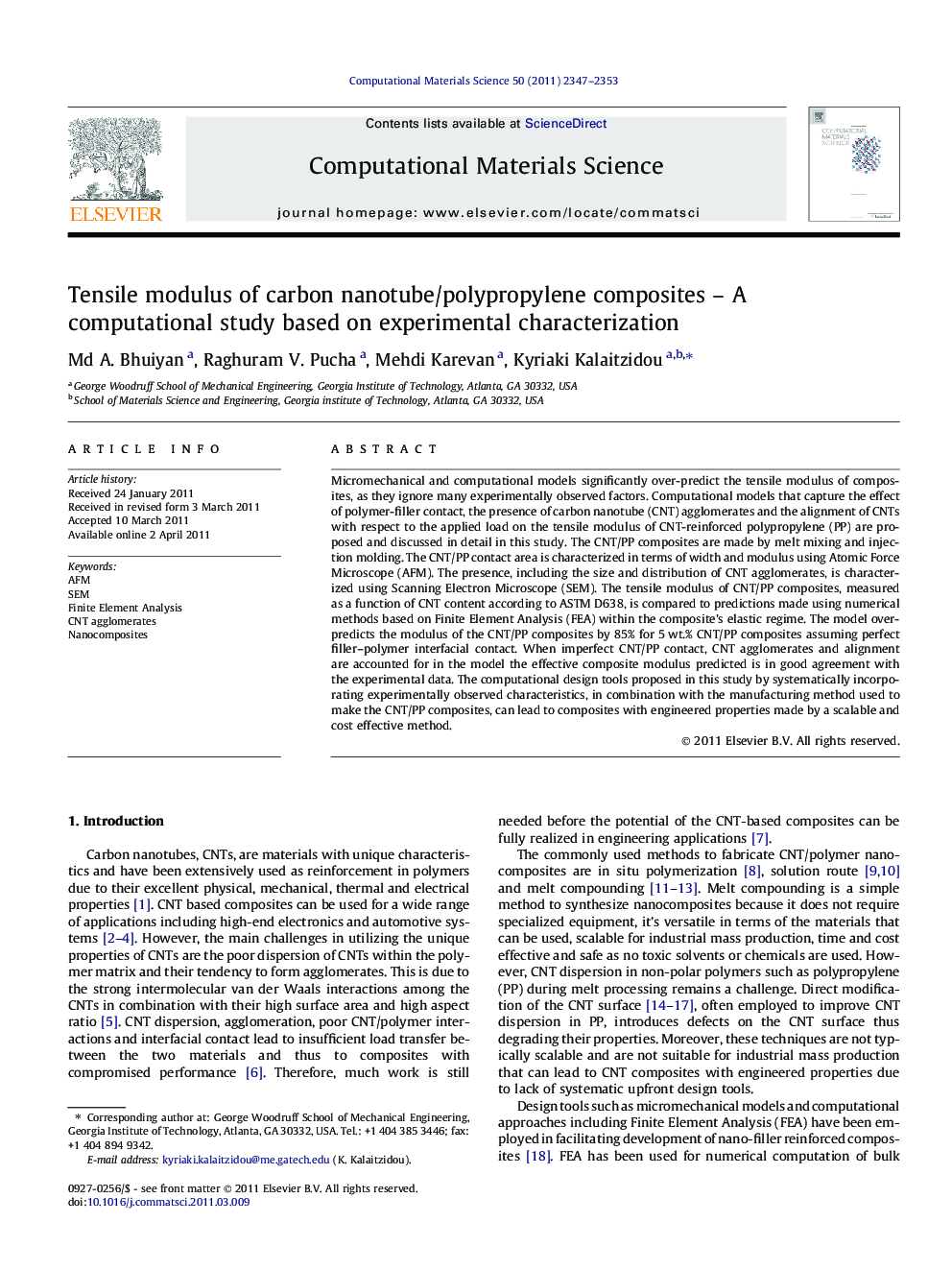 Tensile modulus of carbon nanotube/polypropylene composites – A computational study based on experimental characterization