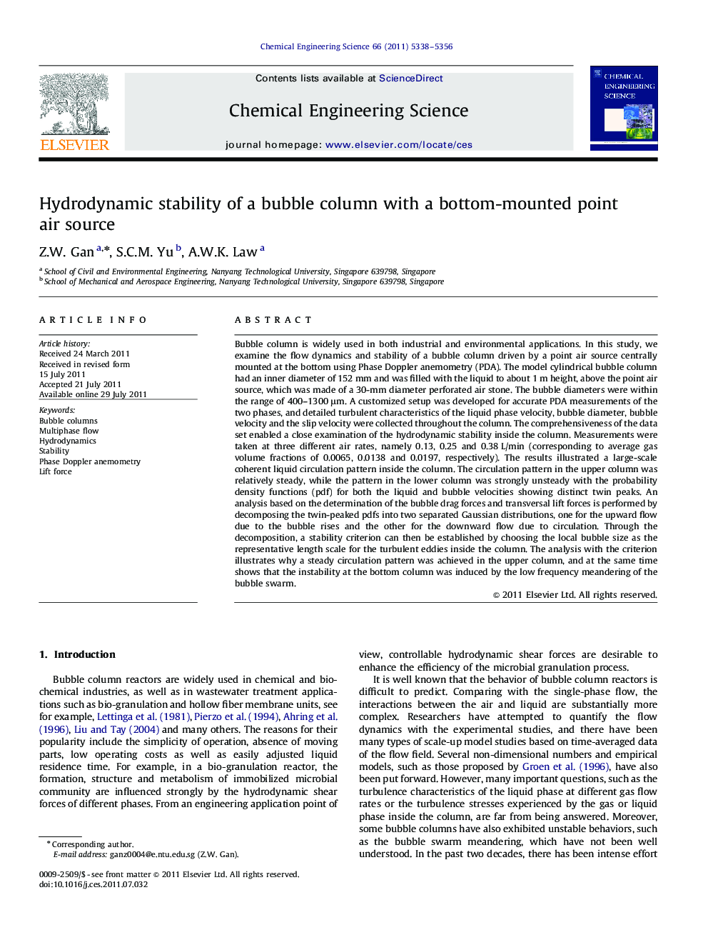 Hydrodynamic stability of a bubble column with a bottom-mounted point air source