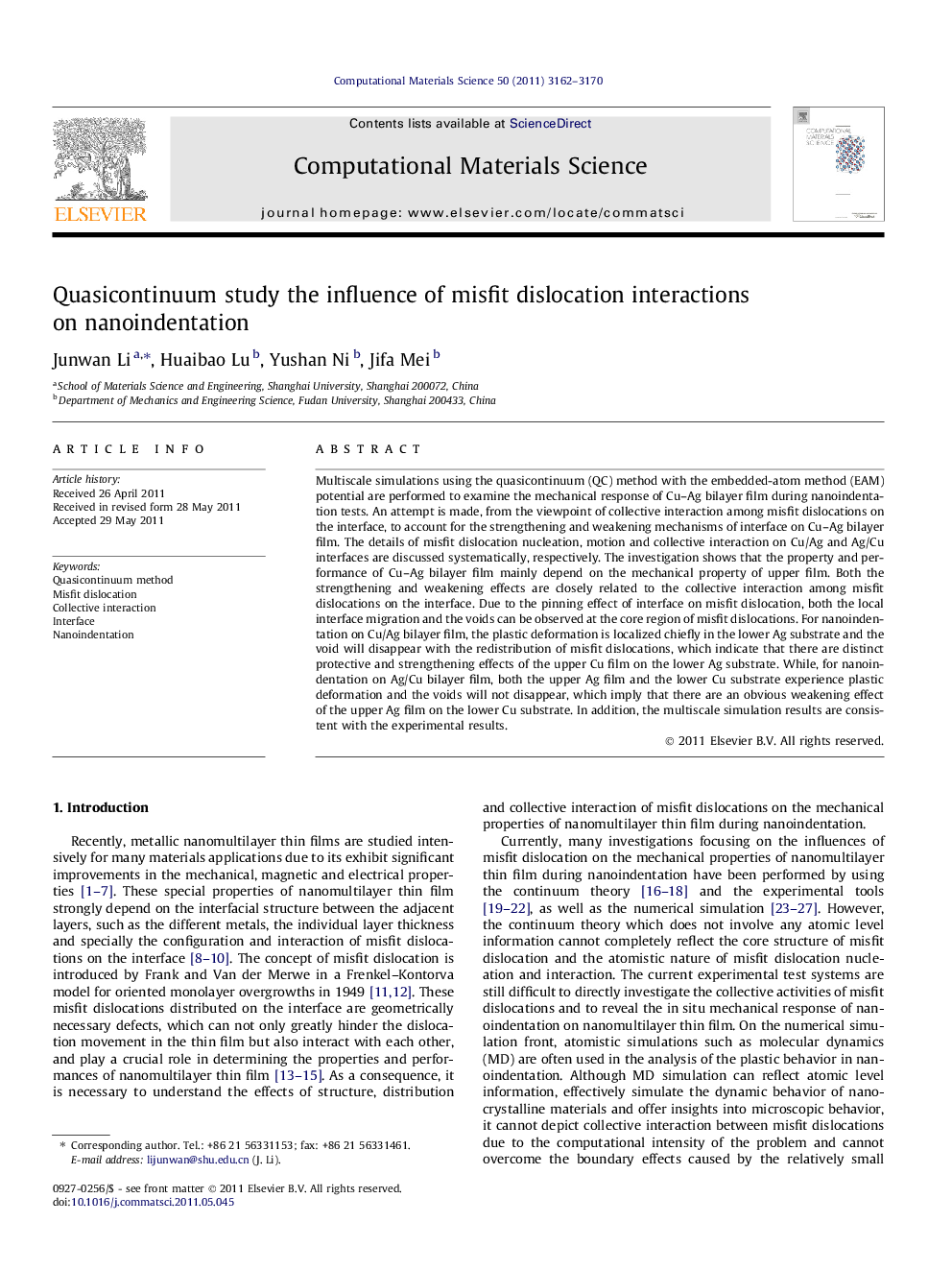 Quasicontinuum study the influence of misfit dislocation interactions on nanoindentation