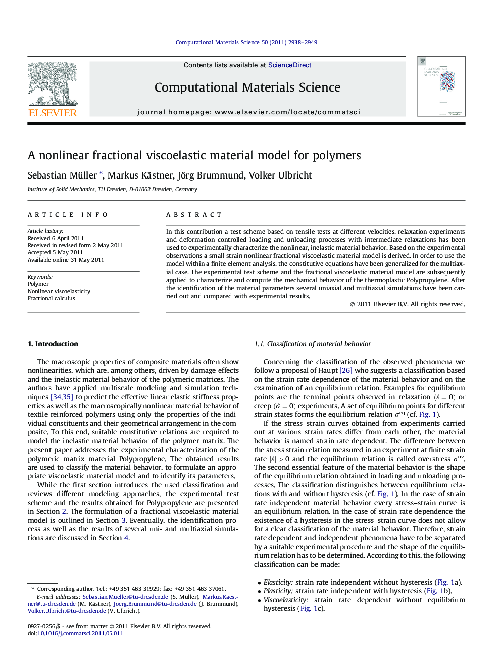 A nonlinear fractional viscoelastic material model for polymers