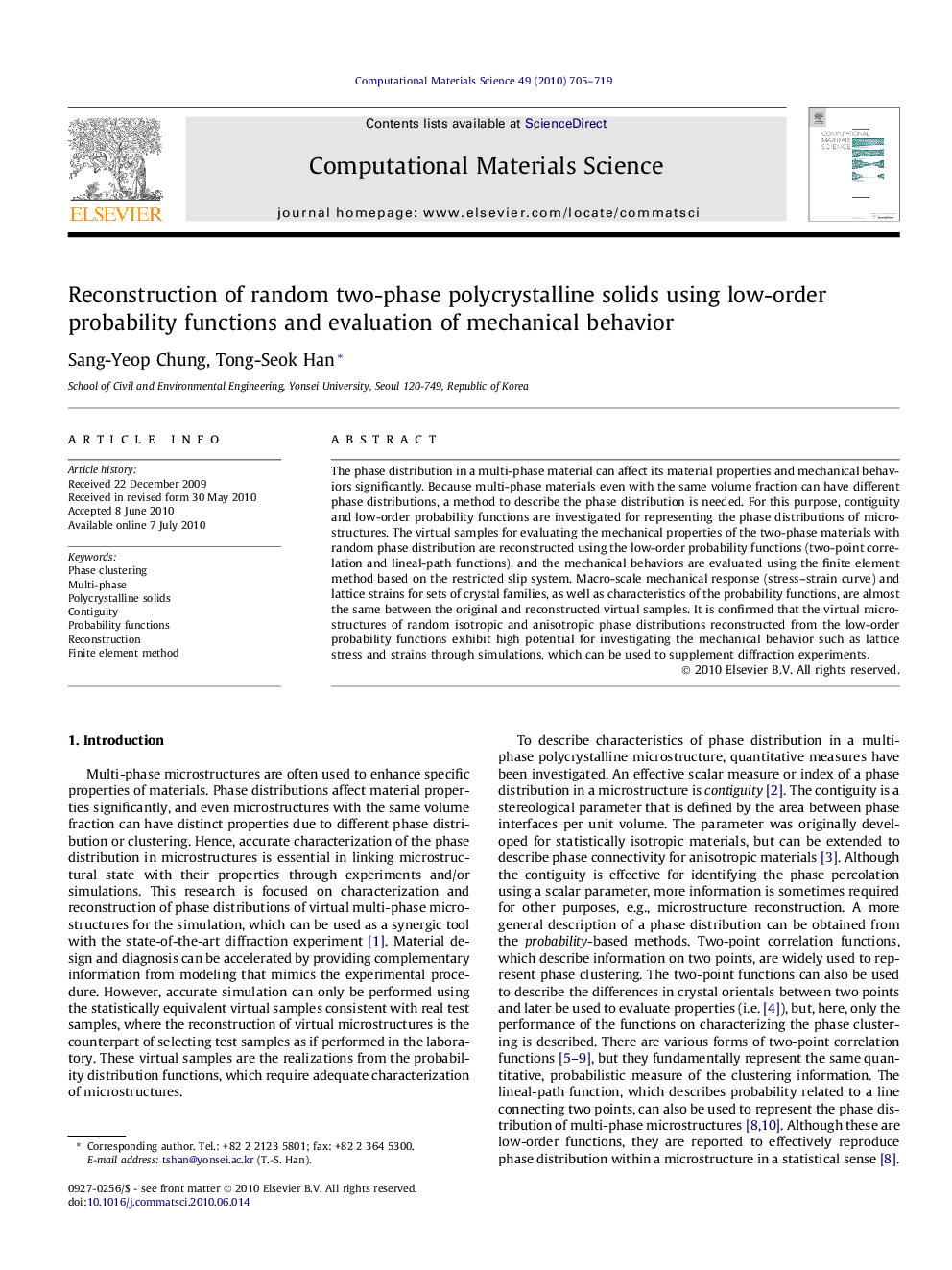 Reconstruction of random two-phase polycrystalline solids using low-order probability functions and evaluation of mechanical behavior