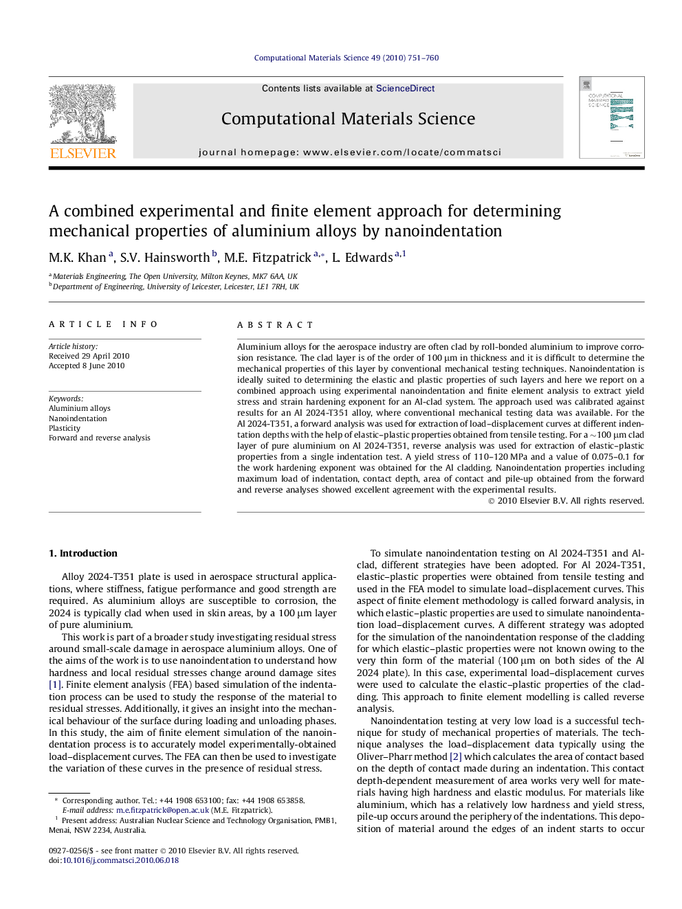 A combined experimental and finite element approach for determining mechanical properties of aluminium alloys by nanoindentation