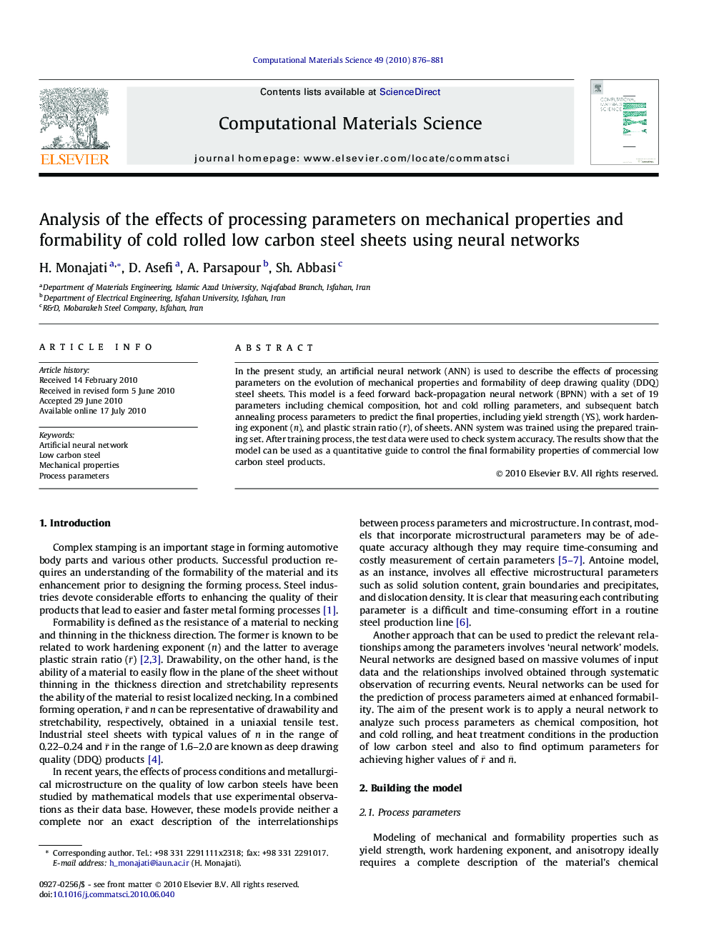 Analysis of the effects of processing parameters on mechanical properties and formability of cold rolled low carbon steel sheets using neural networks